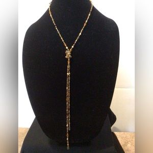 Gold Tone Lariat Necklace w Crystals